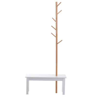 HomCom® Perchero de Pie con Banco Colgador Tipo Árbol Moderno 6 Ganchos para Colgar Ropa Bolsa