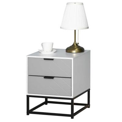 HOMCOM Mesita de Noche Mesa Auxiliar con 2 Cajones y Base Elevada de Metal para Dormitorio Cama Salón Estilo Moderno y Minimalista 39,5x40x48 cm Blanco y Gris