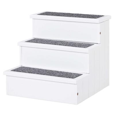 PawHut Escalera para Mascotas 3 Peldaños con Espacio de Almacenaje y Alfombra Antideslizantes Portátil Madera para Vehículo Carga 30 kg 40,5x44,5x38 cm Blanco