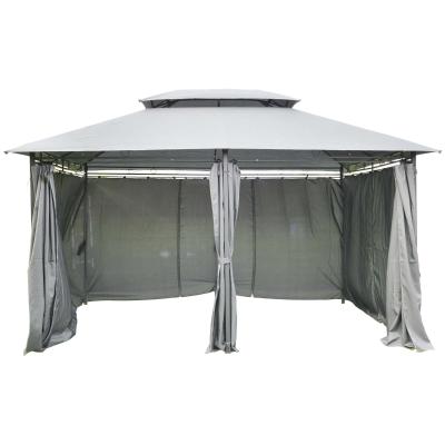 Outsunny Cenador de Jardín 4x3 m Marco Acero Gazebo con Doble Techo 6 Cortinas Laterales 8 Orificios de Drenaje Buena Ventilación para Fiestas Eventos Gris