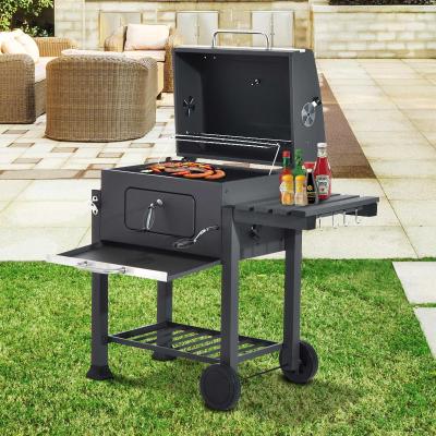 Outsunny Barbacoa de Carbón con Parrilla y Ahumador para Exterior con Bandeja Lateral Estante y Ruedas 115x56x108cm Gris