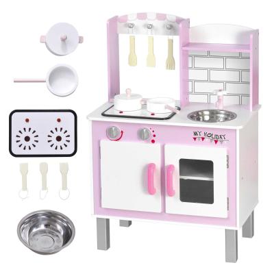 HOMCOM Cocinita de Juguete con Función de Sonido Armario Ganchos 5 Accesorios Incluidos Cocina Infantil Educativo para +3 Años Madera 55x30x80 cm Rosa