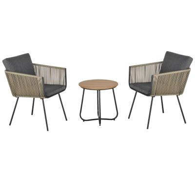 Outsunny Conjunto de Muebles de Ratán 1 Mesa Redonda y 2 Sillas Butaca con Cojines Acolchados para Jardín Balcón Terraza Acero Caqui y Gris