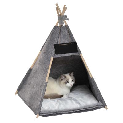PawHut Tipi Tienda para Mascotas Tienda de Campaña para Mascotas con Cojín Extraíble Lavable Pizarra de Fieltro Madera para Perros Pequeños Gatos 58x58x80 cm Gris