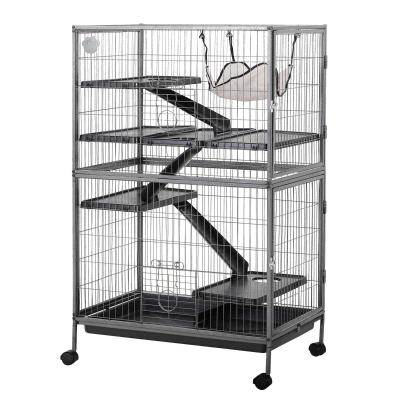 PawHut Jaula Grande para Roedores 80x52x128 cm Casa de 4 Alturas con Rampas Hamaca Colgante Bandeja Extraíble Ruedas Puertas Gris Plateado