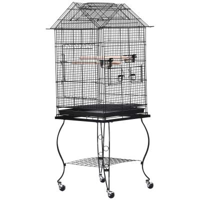 PawHut Jaula para Pájaros con Soporte y Ruedas Bandeja Extraíble 2 Comederos Repisa Inferior Metal para Canarios Periquitos Loros 51x51x135 cm Negro