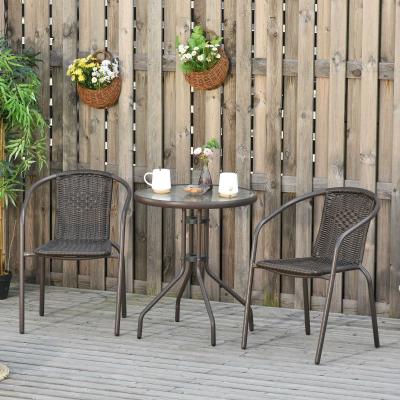 Outsunny Conjunto de Muebles de Jardín Ratán Set de 2 Sillas 58x54x73 cm y 1 Mesa Redonda de Vidrio Templado Ø60x70 cm Marco de Acero para Patio Terraza Balcón Marrón
