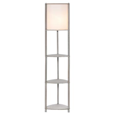 HOMCOM Lámpara de Pie de Madera con 3 Estantes Pantalla PVC Interruptor de Pie Estilo Moderno para Dormitorio Sala de Estar Salón Estudio 32x32x150 cm Roble Gris y Blanco