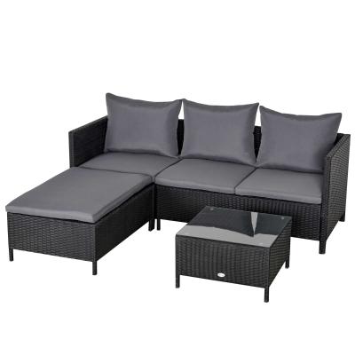 Outsunny Conjunto de Muebles de Jardín 4 Piezas Ratán Doble Sofá Mesa de Café Taburete con Cojines Acolchados para Exteriores Marco de Metal Negro