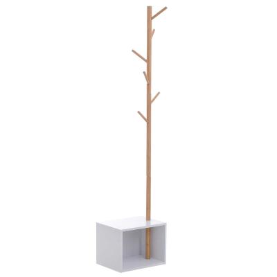 HOMCOM Perchero de Pie con Zapatero Colgador Tipo Árbol Moderno 6 Ganchos Colgador de Ropa Bolsa Banco con Almacenamiento Pasillo Entrada Bambú y MDF 40x30x180cm