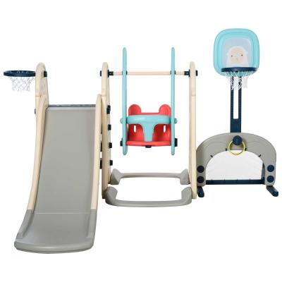 HOMCOM Tobogán y Columpio para Niños 5 en 1 con 2 Canastas Baloncesto y Portería Fútbol para Niños de 18-48 Meses Parque Infantil Interior y Exterior 220x225x110 cm Multicolor