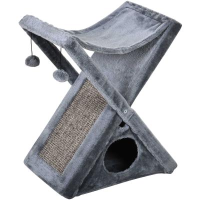 PawHut Árbol Rascador para Gatos Rascador de Gatos Barato Plegable con Cueva Hamaca Alfombrilla Rascadora de Sisal Bolas Colgantes para Espacios Reducidos Juego y Descanso 54,5x32x65 cm Gris