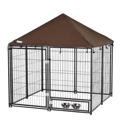 PawHut Parque para Perros con Toldo Perrera Metálica de Exterior con Soporte Giratorio para Comida 2 Cuencos Incluidos y Cerradura para Mascotas Jardín 141x141x121 cm Negro