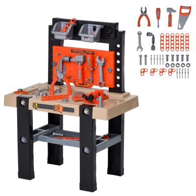 HOMCOM Banco de Herramientas para Niños de +3 Años Banco de Trabajo Infantil Incluye 64 Piezas con 2 Estantes Caja de Almacenaje 50x27x67,5 cm