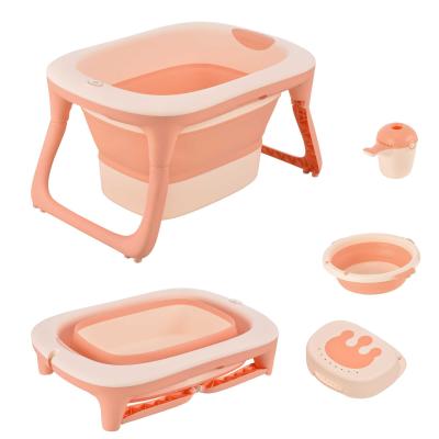 HOMCOM Bañera para Bebé Plegable y Portátil con Recipiente de Champú Palangana y Taburete Set de 4 Piezas de Ducha para 0-3 Años 81,5x60x46,5 cm Rosa