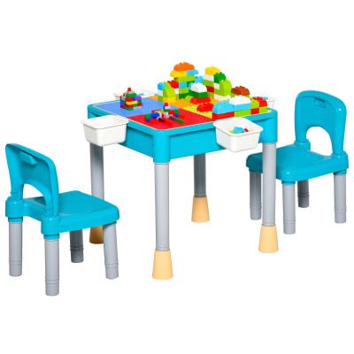 HOMCOM Juego de Mesa y 2 Sillas para Niños con 135 Bloques de Construcción Mesa de Ambos Lados Útiles para Dibujar y Cenar con Gran Almacenaje 69x69x47 cm Multicolor