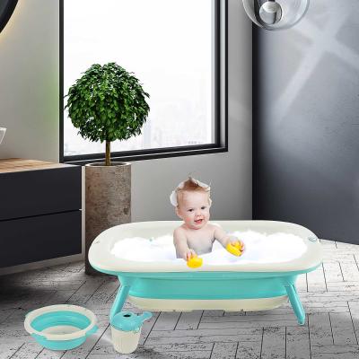 HOMCOM Bañera para Bebé Plegable 3 en 1 Juego de Ducha para 0-3 Años Portátil Bañera Lavabo Taza de Champú Ergonómico con Base Antideslizante 84,5x50,5x24 cm Turquesa