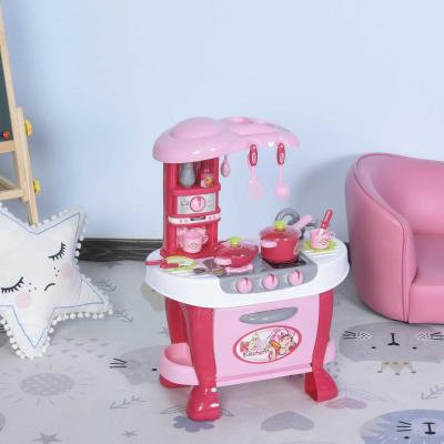 HOMCOM Cocinita de Juguete para Niños de +3 Años Juego de Cocina Infantil Incluye 38 Piezas con Efectos de Luz Sonidos Almacenaje 51x30x73 cm Rosa