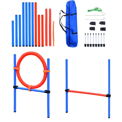 Set de Entrenamiento de Agilidad para Perros con Valla Aro y Postes - Color Azul y Rojo – Polietileno