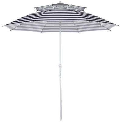 Outsunny Sombrilla de Playa Ø220 cm de Diámetro Altura Ajustable de 3 Niveles con Pincho y Doble Techo Poste Desmontable Bolsa de Transporte Rayas Azul