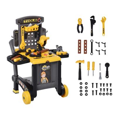 HOMCOM Banco de Herramientas Diseño 3 en 1 para Niños Mayores de 3 Años Juego de Imitación Infantil 60 Piezas 59,7x47x42,5 cm Amarillo y Negro