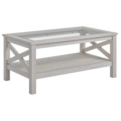 HOMCOM Mesa de Centro Mesa Auxiliar con Estante y Encimera de Vidrio Templado para Sala de Estar Dormitorio 100x55x45 cm blanco veteado de madera