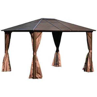Outsunny Cenador con Techo Exterior 3,65x3x2,65 m Gazebo Pabellón al Aire Libre Carpa de Jardín con Pared Lateral y Mosquitero Marco de Hierro Color Marrón