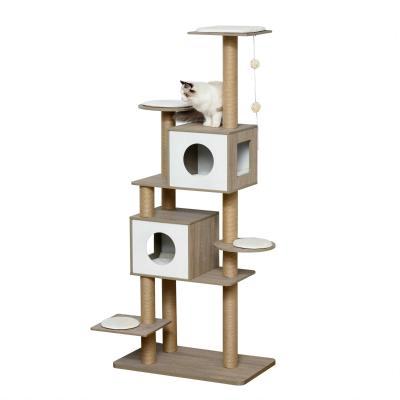 PawHut Árbol Rascador Árbol para Escalar para Gatos Rascador de Gatos Barato Altura 177cm con Plataformas Cuevas Juguete Colgante Cojín Extraíble Postes de Yute Blanco y Marrón