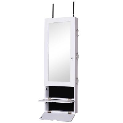HOMCOM Espejo Joyero Colgante de Pared o Puerta Armario de Joyería con Altura Ajustable 2 Estantes Cerrados con Puertas Abatibles y Organizador de Joyas 35,5x9,5x102 cm Blanco