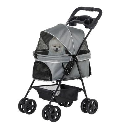 PawHut Cochecito para Mascotas Plegable Carrito para Perros Desmontable Acero Tela Oxford Ruedas Giratorias Frenos Ventana para Perros Gatos Pequeñitos 67x45x96 cm Gris