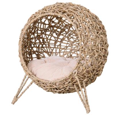 PawHut Cama Cueva de Ratán para Gatos o Mascotas Pequeña con Base Trípode Cojín de Felpa y Algodón Suave Φ52x58 cm Madera Natural