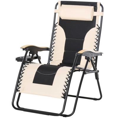 Outsunny Tumbona Plegable y Reclinable de Acero con Portavasos Reposacabezas Extraíble y Reposabrazos para Exterior Jardín 90x75x110 cm Beige