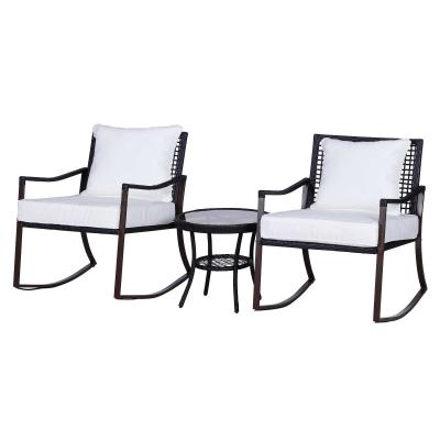 Outsunny Conjunto de Jardín de Ratán con Mesa Vidrio Templado Ø51x46cm y 2 Sillas Mecedoras 65,5x73,5x84,5cm con Cojines Lavables Cremallera y Almohadas Blanco y Marrón