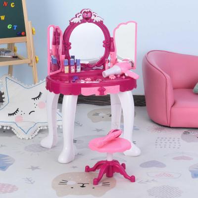 HOMCOM Juego de Tocador Infantil Accesorios de Maquillaje con Espejo de +3 Años Efectos de Luz Música Puerto de MP3 Control Remoto 45x30,5x72 cm Rosa