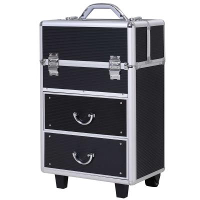 HOMCOM Maleta de Maquillaje Portátil Estuche de Comésticos Profesional con 6 Cajones Extensibles Cerradura y 2 Llaves Ruedas Asa Retráctil 36x23x58 cm Negro