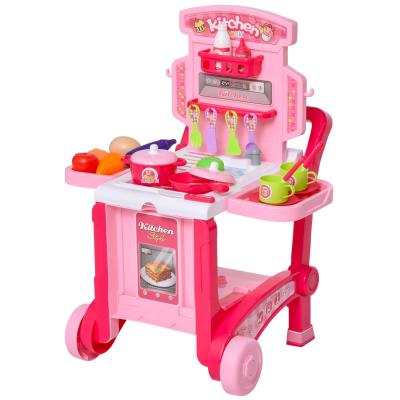 HOMCOM Juguete de Cocina Infantil Diseño 3 en 1 Cocina de Juego de Imitación Divertido para +3 Años con 42 Piezas 59,7x47x42,5 cm Rosa