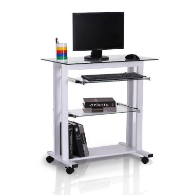 HOMCOM Mesa de Ordenador PC con Ruedas Mueble Auxiliar con Encimera y Estantes de Cristal para Oficina Despacho Dormitorio 80x51x83cm Blanco