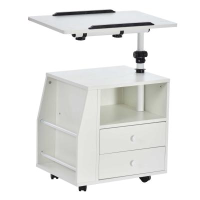 HOMCOM Mesa de Sofá para Salón Dormitorio Mesita de Noche Multifuncional 2 Cajones Compartimento Revistero Lateral Tabla Giratoria con 4 Ruedas 60x40x80-90 cm Blanco
