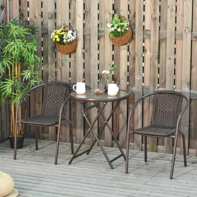 Outsunny Conjunto de Muebles de Jardín 3 Piezas Ratán Plegable Set de 2 Sillas 58x54x73 cm 1 Mesa Ø60x70 cm para Balcón Terraza Patio Marco Acero Marrón