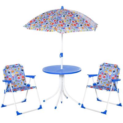 Outsunny Set de Mesa y Sillas Exterior Infantil Conjunto de Picnic Plegable para Jardín Juego de Mesa con Sombrilla Ajustable 100-125 cm Protección de UV Azul / Rojo
