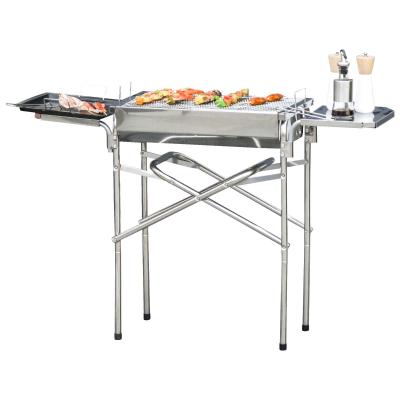 Outsunny Barbacoa de Carbón Portátil de Acero Inoxidable con 2 Estantes Laterales Bandeja y Parillas al Aire Libre para BBQ Camping Senderismo Picnics 104x30x68 cm Plata