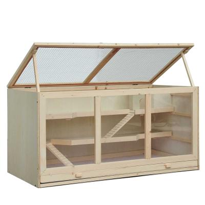 PawHut Jaula Hámster de Madera Casa para Roedores Pequeños con Bandeja Extraíble 2 Plataformas y Rampas 115x60x58 cm Madera Natural