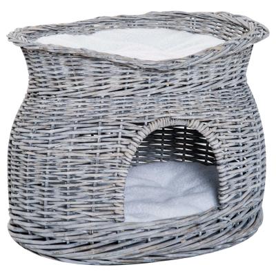 PawHut Cesta de Mimbre para Gatos de 2 Alturas con Cama y Cueva con Cojines Lavables 56x37x40 cm Gris
