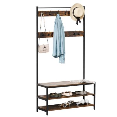 Wieszak na ubrania HOMCOM z 12 haczykami i półkami na buty wieszak ścienny stalowy brązowy+czarny 100 x 40 x 184 cm