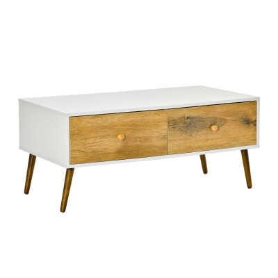 HOMCOM Couchtisch Kaffeetisch Vier Schubladen Design Spanplatte Buchenholz Weiß+Braun