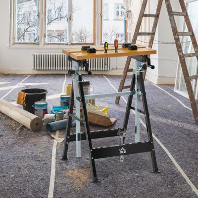HOMCOM Banco de Trabajo Ajustable en Altura con 4 Clavijas Giratorias Tableros Ajustables en Ángulo y Distancia 65x60,5x85-110 cm Madera Natural y Negro