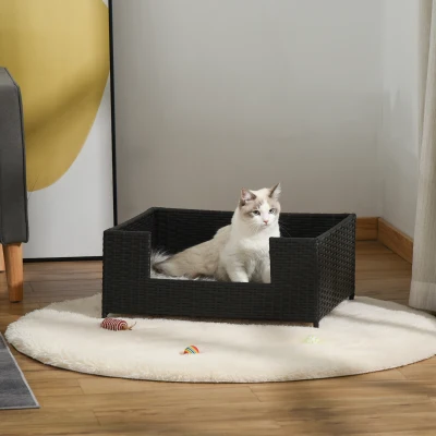 PawHut Rattan Dog Cat Pet Bed with Soft Cushion Indoor Use 61L x 46W x 27H cm