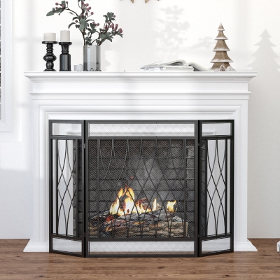 HOMCOM 126cm 3-Panel Metal Folding Fireplace Screen Heat Flame Protective Guard Child Pet Home Spark Barrier Surround w/ Mesh Pattern