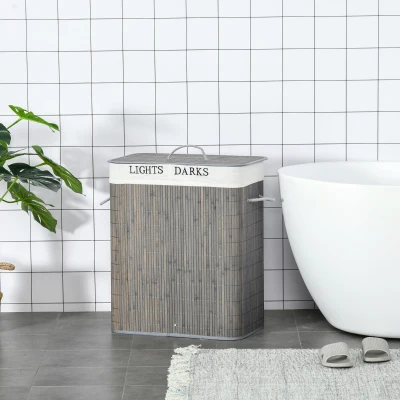 HOMCOM 100L Bamboo Laundry Basket 2 Compartment Flip Lid Removable Lining Handles, Grey