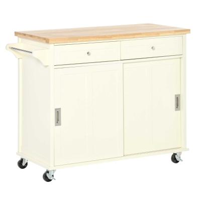 HOMCOM Carrito de Cocina Carro de Servicio Multifuncional con Ruedas 2 Puertas Correderas 2 Cajones y Barra de Colgar 110x49,5x89,5 cm Crema